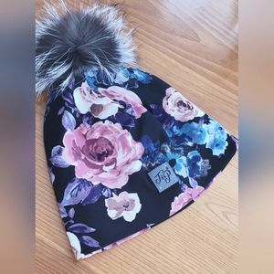 Floral tuque with real fur pompom